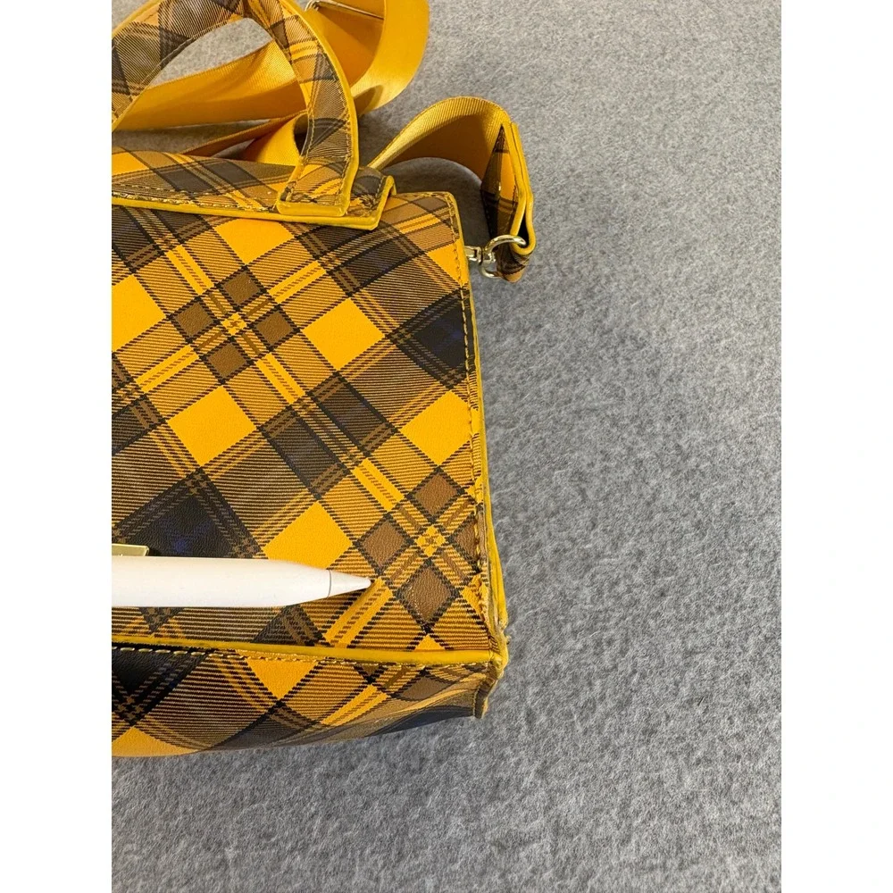 Yellow Plaid Crossbody Satchel Bag Gold Hardware Adjustable Strap Top Handle - Picture 15 of 16